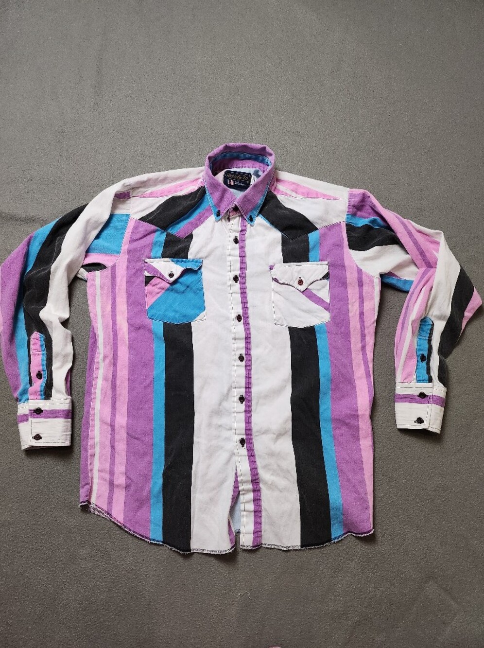 Vintage 80s 90s Panhandle Slim Striped Western Shirt Purple Pink Turquoise L